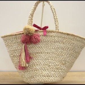 Sold!! Straw Beach Tote with Hot Pink Lining and Poms